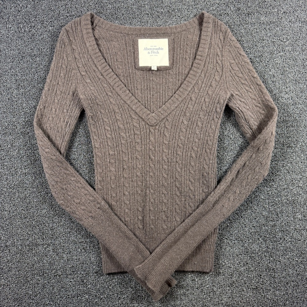 Abercrombie & Fitch V-Neck Cable Knit Sweater Women's L Brown Rabbit Hair Y2K